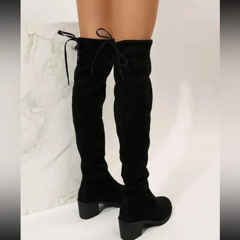 Fashion Nova Black Over-the-Knee Suede Boots with Back Tie